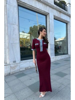 Kadın Bordo Şık Jean Detaylı Düğmeli Uzun Zarif Elbise (S/M)