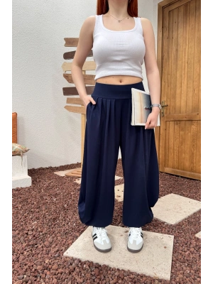 Kadın Lacivert Beli Lastikli Rahat Kesim Geniş Paça Tiril Şalvar Pantolon