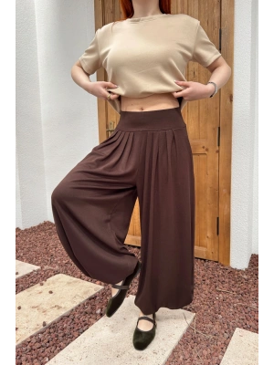 Kadın Acı Kahverengi Beli Lastikli Rahat Kesim Geniş Paça Tiril Şalvar Pantolon
