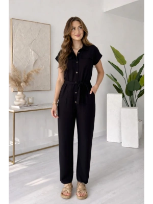 Kadın Siyah Kuşak Detaylı Kısa Kol Yazlık Keten Tulum