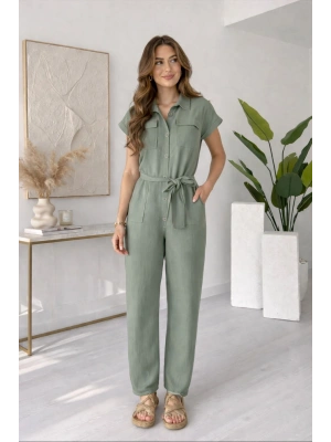 Kadın Yeşil Kuşak Detaylı Cepli Kısa Kol Yazlık Keten Tulum