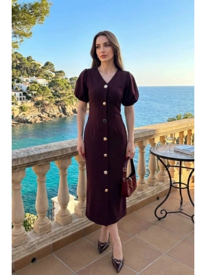 Kadın Kahverengi Şık Düğme Detaylı Kısa Kol Beli Slim Midi Elbise
