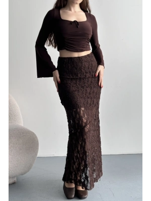 Kadın Kahverengi Dantel Detaylı Yüksek Bel Astarlı Uzun Yazlık Zarif Etek