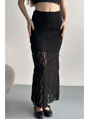 Kadın Siyah Dantel Detaylı Yüksek Bel Astarlı Uzun Yazlık Zarif Etek