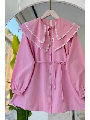 Kadın Pembe Katkat Yaka Güpürlü Belden Bağlamalı Romantik Kesim Gömlek