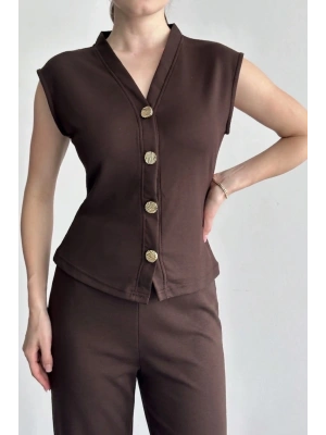 Kadın Kahverengi Şık Düğme Detaylı Yelekli Geniş Paça Pantolon İkili Takım