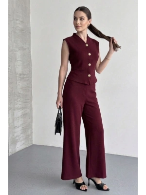 Kadın Bordo Şık Düğme Detaylı Yelekli Geniş Paça Pantolon İkili Takım
