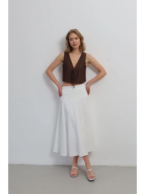 Kadın Beyaz Büzgü Detaylı Yüksek Bel Midi Boy Yazlık Etek