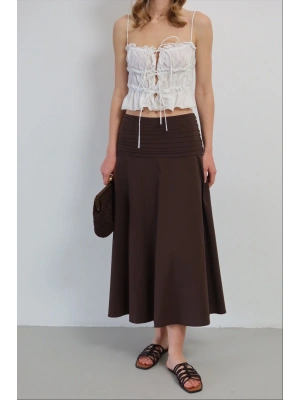 Kadın Kahverengi Büzgü Detaylı Yüksek Bel Midi Boy Yazlık Etek