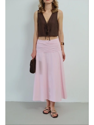 Kadın Pembe Büzgü Detaylı Yüksek Bel Midi Boy Yazlık Etek