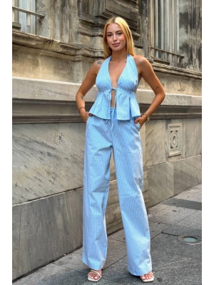Kadın Yaz Mavisi Çizgili Halter Yaka Bluz Yüksek Bel Geniş Paça Pantolon Alt Üst İkili Yazlık Takım