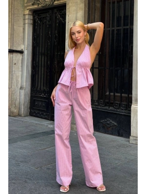 Kadın Pembe Çizgili Halter Yaka Bluz Yüksek Bel Geniş Paça Pantolon Alt Üst İkili Yazlık Takım