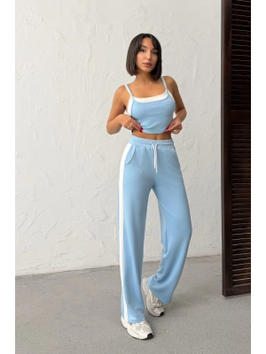 Kadın Açık Mavi Crop Atletli Yüksek Bel Beli Lastikli Geniş Paça Pantolon Alt Üst Yazlık Eşofman Takım