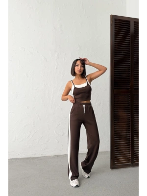 Kadın Kahverengi Crop Atletli Yüksek Bel Beli Lastikli Geniş Paça Pantolon Alt Üst Yazlık Eşofman Takım