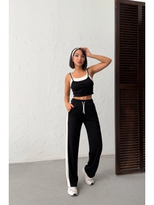 Kadın Siyah Crop Atletli Yüksek Bel Beli Lastikli Geniş Paça Pantolon Alt Üst Yazlık Eşofman Takım