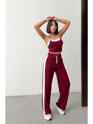 Kadın Bordo Crop Atletli Yüksek Bel Beli Lastikli Geniş Paça Pantolon Alt Üst Yazlık Eşofman Takım
