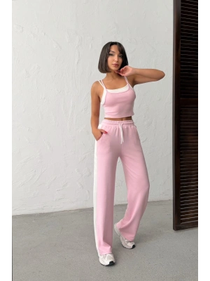 Kadın Pembe Crop Atletli Yüksek Bel Beli Lastikli Geniş Paça Pantolon Alt Üst Yazlık Eşofman Takım