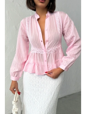Kadın Şeker Pembe Dantel Nakış İşlemeli Beli Pileli Hakim Yaka Gömlek