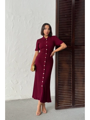Kadın Bordo Düğmeli Yazlık Kumaş Kısa Kol Polo Yaka Uzun Triko Elbise