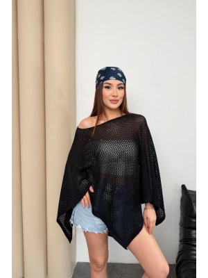 Kadın Siyah Kayık Madonna Yaka Panço Görünümlü Şık Oversize Yazlık Mevsimlik File Bluz