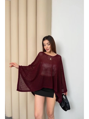 Kadın Bordo Kayık Madonna Yaka Panço Görünümlü Şık Oversize Yazlık Mevsimlik File Bluz