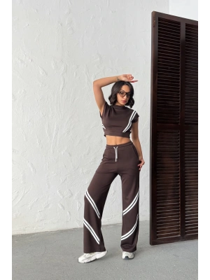 Kadın Kahverengi Şerit Detaylı Crop Bluz Yüksek Bel Bol Paça Pantolon Alt Üst İkili Takım