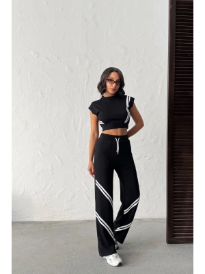 Kadın Siyah Şerit Detaylı Crop Bluz Yüksek Bel Bol Paça Pantolon Alt Üst İkili Takım