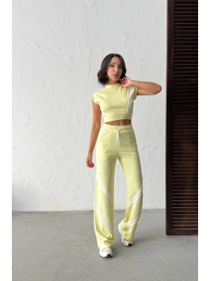 Kadın Yaz Sarısı Şerit Detaylı Crop Bluz Yüksek Bel Bol Paça Pantolon Alt Üst İkili Takım