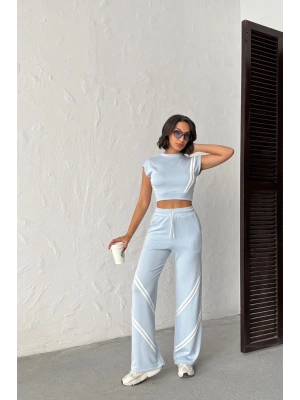 Kadın Yaz Mavisi Şerit Detaylı Crop Bluz Yüksek Bel Bol Paça Pantolon Alt Üst İkili Takım
