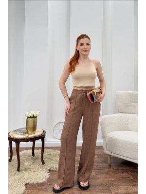 Kadın Kahverengi Yüksek Bel Beli Lastikli Geniş Paça Rahat Kesim Yazlık Sofya Keten Palazzo Pantolon