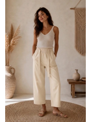 Kadın Bej Yüksek Bel Beli Lastikli Kuşaklı Geniş Paça Palazzo Pantolon