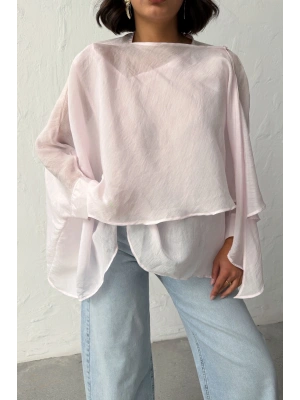 Kadın Beyaz Oversize Salaş Asimetrik Kesim Transparan Yazlık Şık Gömlek Pelerin Bluz
