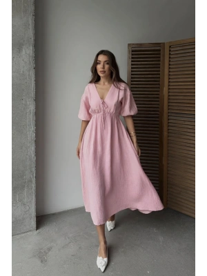 Kadın V Yaka Pembe Müslin Kumaş Kısa Kol Elbise
