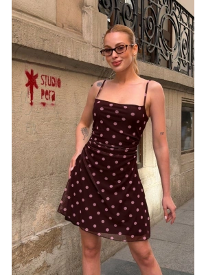 Kadın Acı Kahve Puantiyeli Beli Büzgülü İnce Askılı Astarlı Mini Tül Elbise