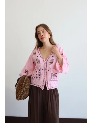 Kadın Pembe Etnik Nakış İşlemeli Cep Detaylı  Düğmeli Yazlık Bohem Müslin Gömlek Kimono