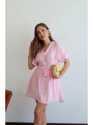 Kadın Şeker Pembe V Yaka Kuşak Detaylı Şık düğmeli Premium Kalite Astarlı Yazlık Mini Gömlek Elbise