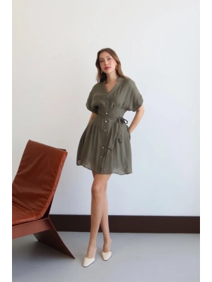 Kadın Haki V Yaka Kuşak Detaylı Şık düğmeli Premium Kalite Astarlı Yazlık Mini Gömlek Elbise