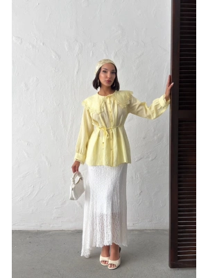 Kadın Yaz Sarısı Vintage Bebe Yaka Dantelli Kuşaklı Yazlık Uzun Kol Gömlek Tunik