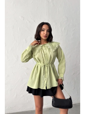 Kadın Çağla Yeşili Vintage Bebe Yaka Dantelli Kuşaklı Yazlık Uzun Kol Gömlek Tunik