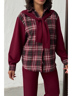 Kadın Bordo Omuzdan Bağlamalı Ekose Gömlek ve Pantolon 2li Takım