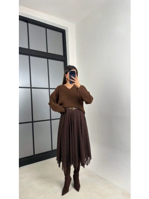 Kadın Acı Kahve Astarlı Asimetrik Kesim Premium Etek