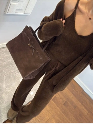 Kadın Acı Kahve Crop Bluz Hırka Pantolon 3’lü Kışlık Triko Takım