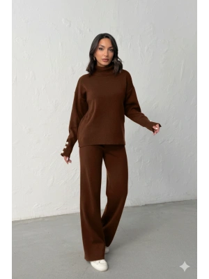 Kadın Acı Kahverengi Kol Düğme Detaylı Bluz Etek Alt Üst İkili Triko Takım