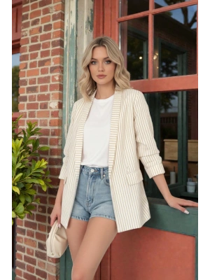 Kadın Bej Çizgili Kimono Gömlek