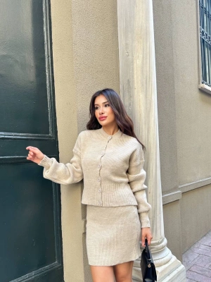 Kadın Bej Hırka Etek Alt Üst İkili Triko Takım