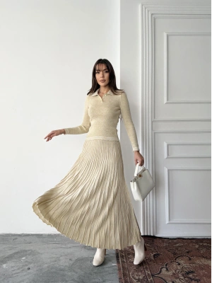 Kadın Bej Simli Şık Şeritli Bluz Etek Alt Üst İkili Premium Triko Takım