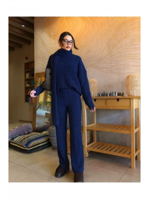 Kadın Lacivert Atkılı Saç Örgülü Pantolon Kazak Atkı 3lü Takım