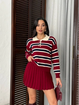 Kadın Bordo Çizgili Polo Yaka Kazak Etek İkili Triko Takım