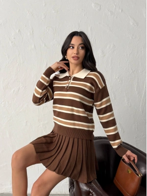 Kadın Kahverengi Çizgili Polo Yaka Kazak Etek İkili Triko Takım