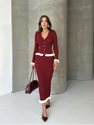 Kadın Bordo Fitilli Fırfır Detaylı Etek Bluz Zarif Triko Takım (S Beden)